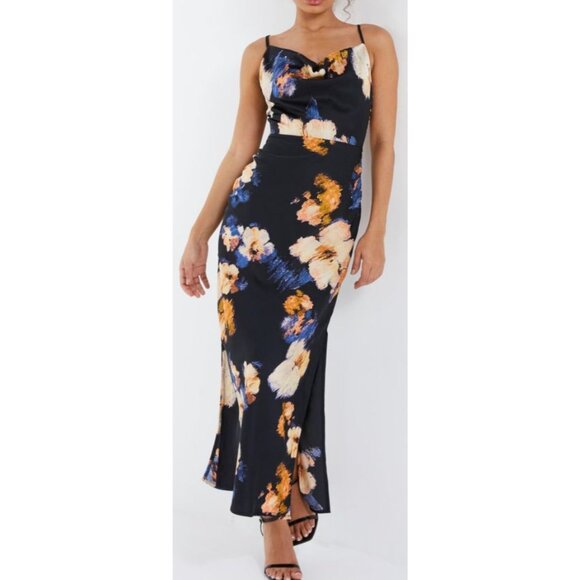 Quiz Women Floral Maxi Slip Dress With Cowl Neck Navy/Beige Size 10 NWT - Picture 1 of 8